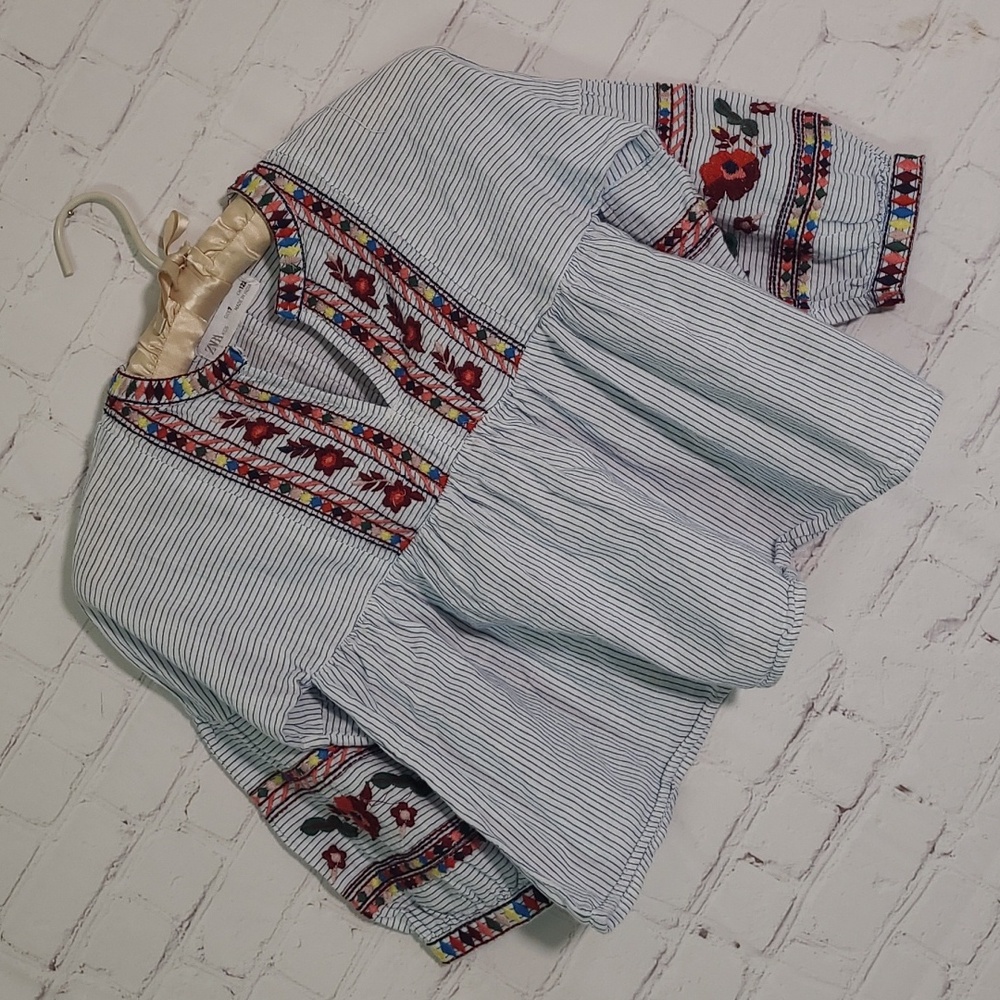 ZARA Kids Embroidered Peasant Blouse Stripes Bell Sleeve Girls Size 7 - Picture 3 of 15